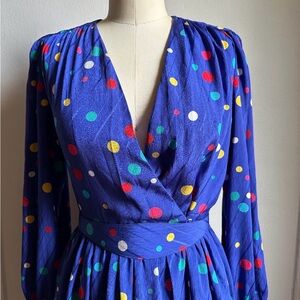 Vintage Blue Multicolor Polka Dot Wrap Dress with Belt